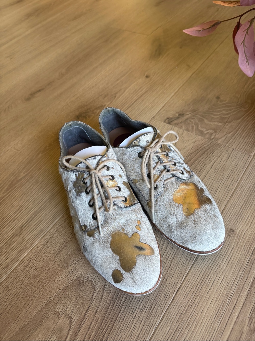 Rollie Women’s Derby’s Leather Lace-Up Flats Gray/Gold Spotted Round Toe US 7